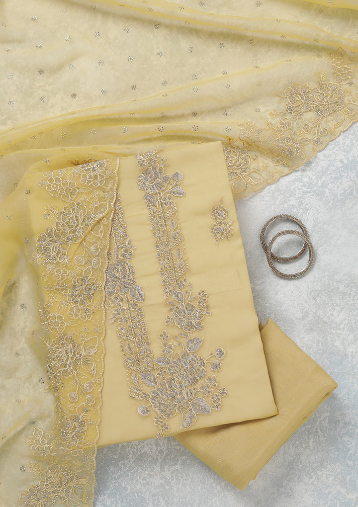 Yellow Threadwork Tissue Unstitched Salwar Suit