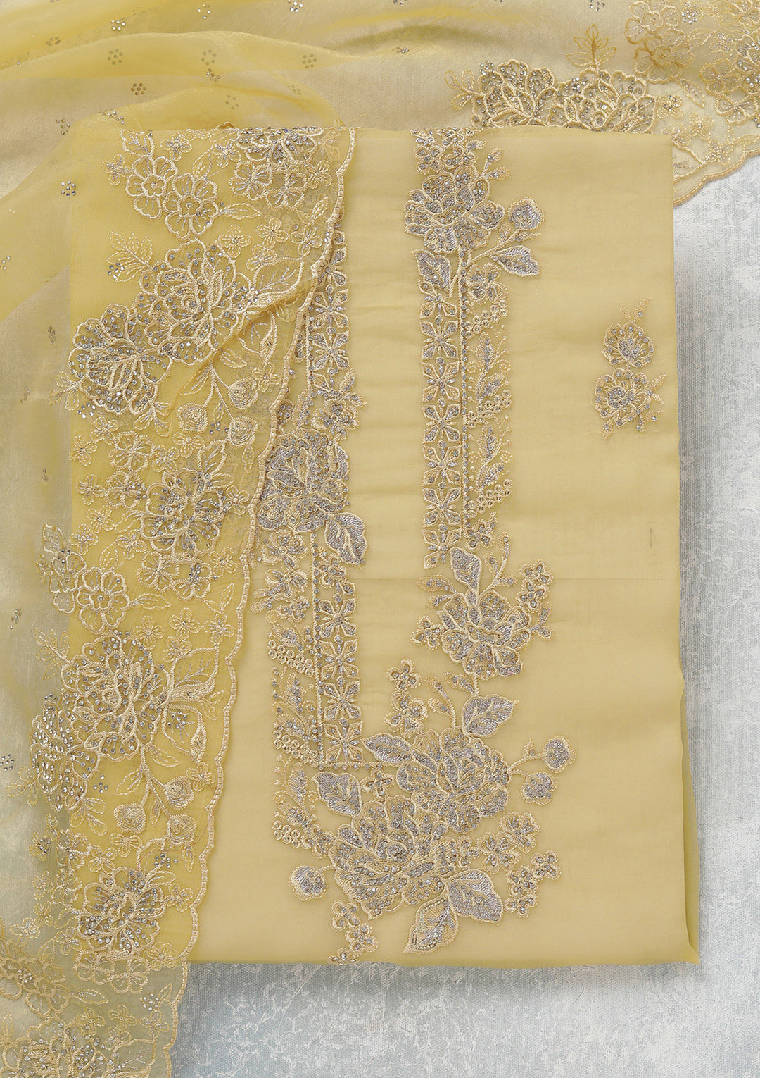 Yellow Threadwork Tissue Unstitched Salwar Suit