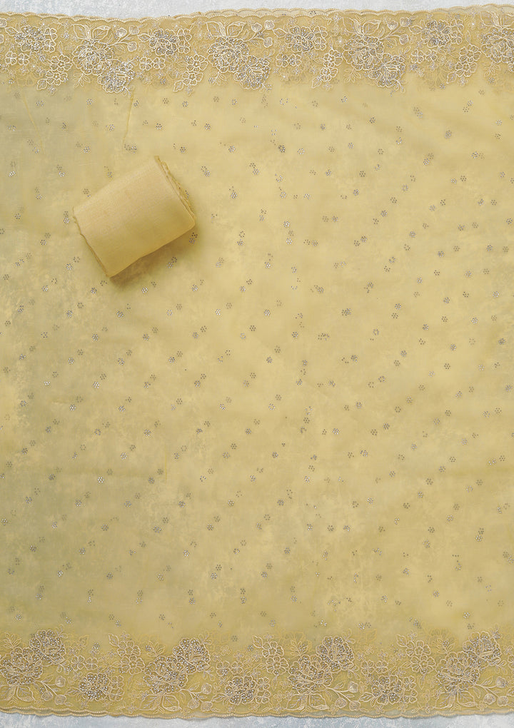 Yellow Threadwork Tissue Unstitched Salwar Suit