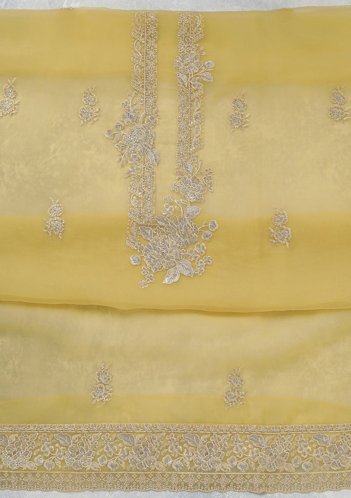 Yellow Threadwork Tissue Unstitched Salwar Suit