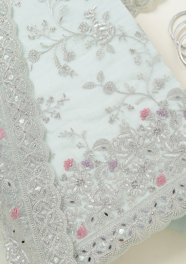 Pista Green Threadwork Tissue Unstitched Salwar Suit