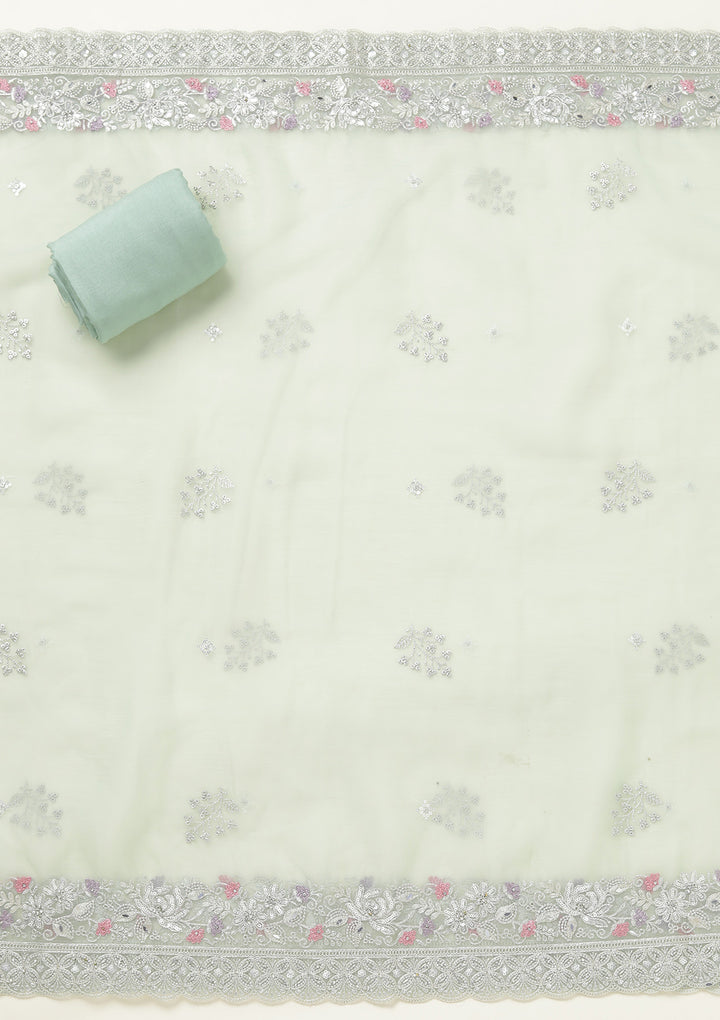 Pista Green Threadwork Tissue Unstitched Salwar Suit