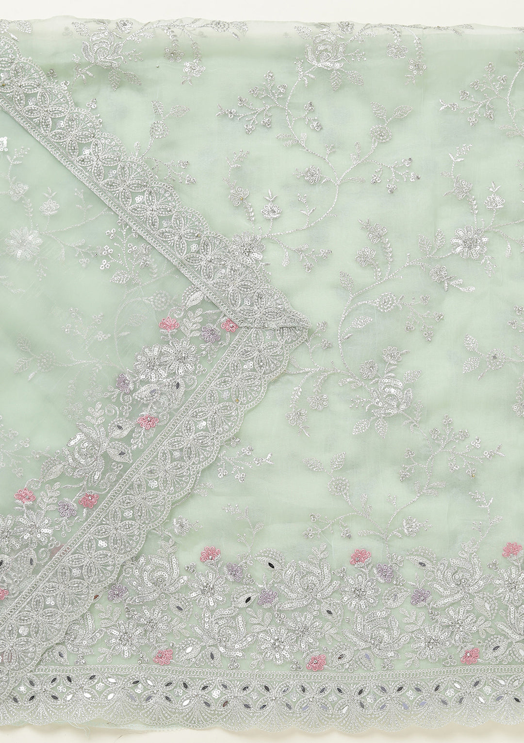 Pista Green Threadwork Tissue Unstitched Salwar Suit