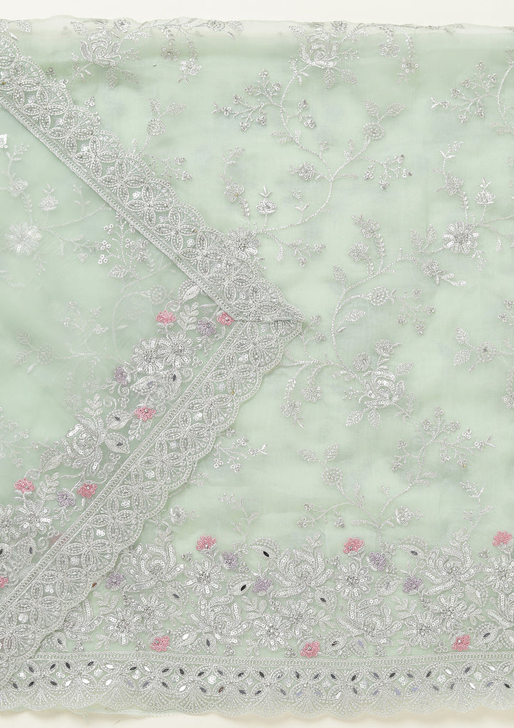 Pista Green Threadwork Tissue Unstitched Salwar Suit