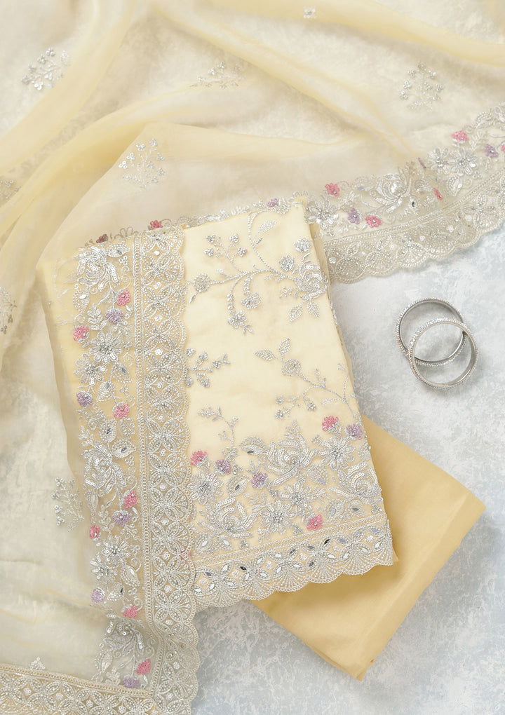 Yellow Threadwork Tissue Unstitched Salwar Suit