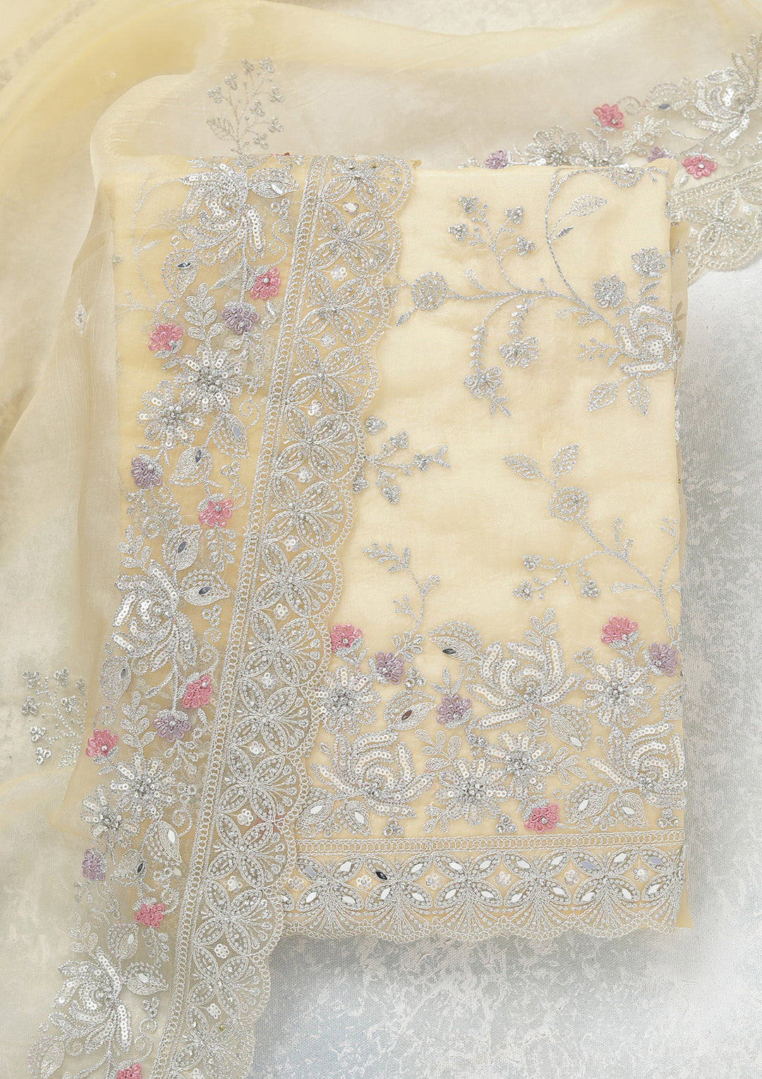 Yellow Threadwork Tissue Unstitched Salwar Suit