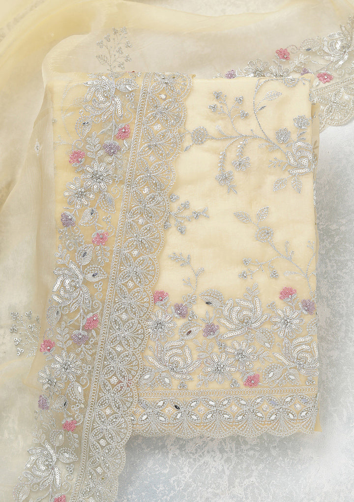 Yellow Threadwork Tissue Unstitched Salwar Suit