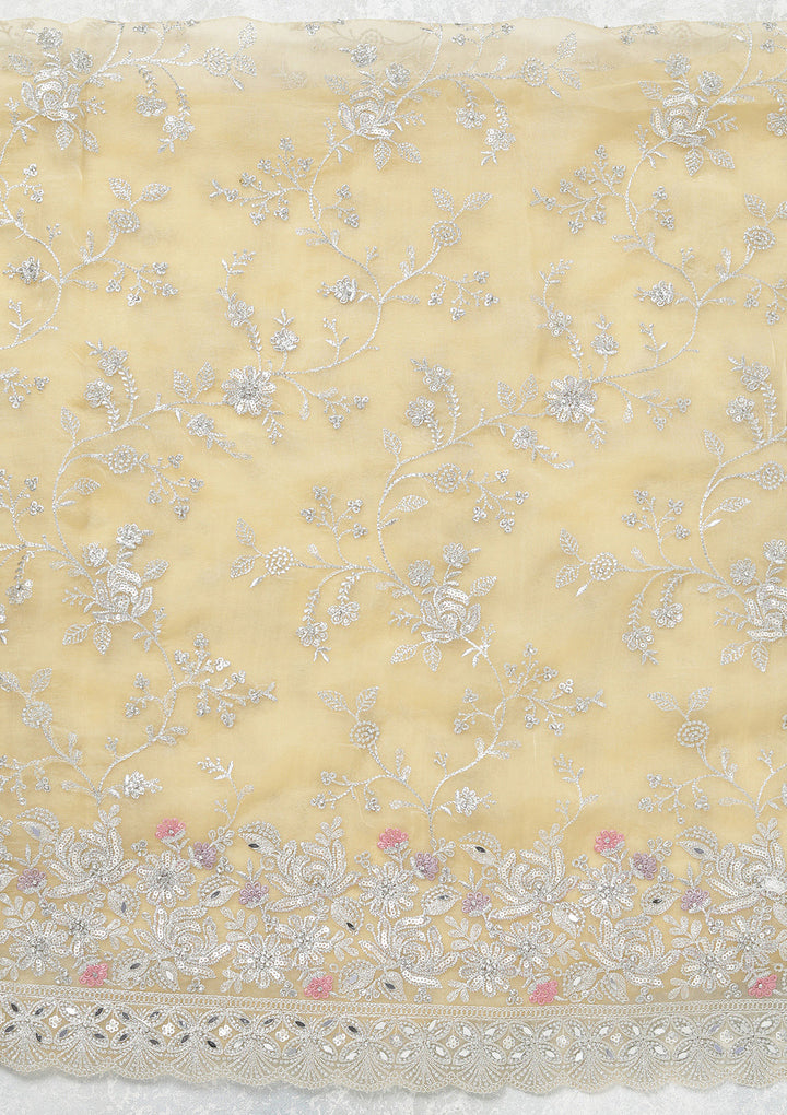 Yellow Threadwork Tissue Unstitched Salwar Suit