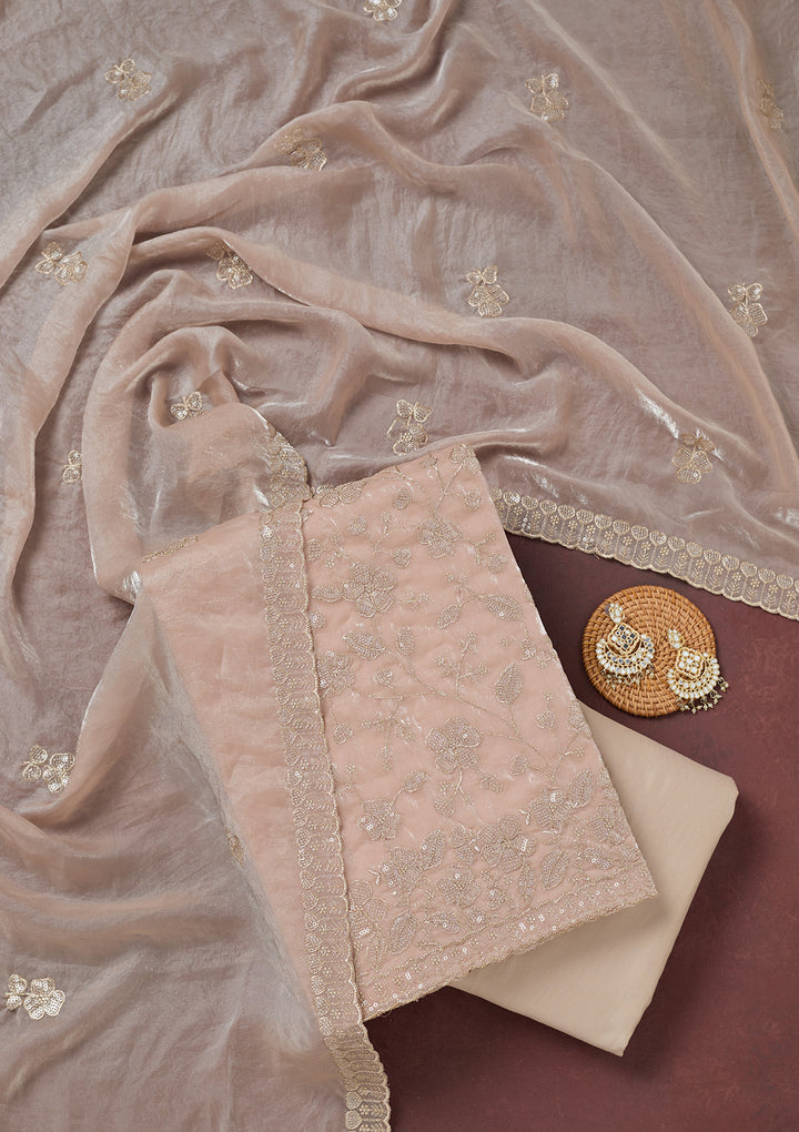 Beige Sequins Semi Crepe Unstitched Salwar Suit