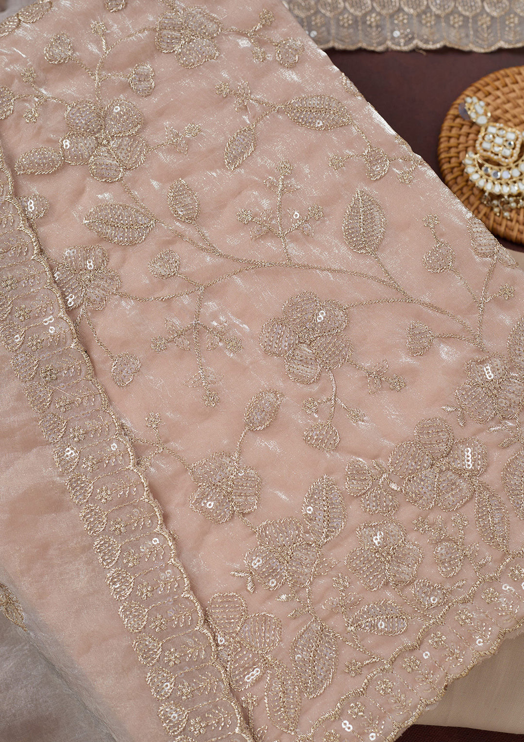 Beige Sequins Semi Crepe Unstitched Salwar Suit