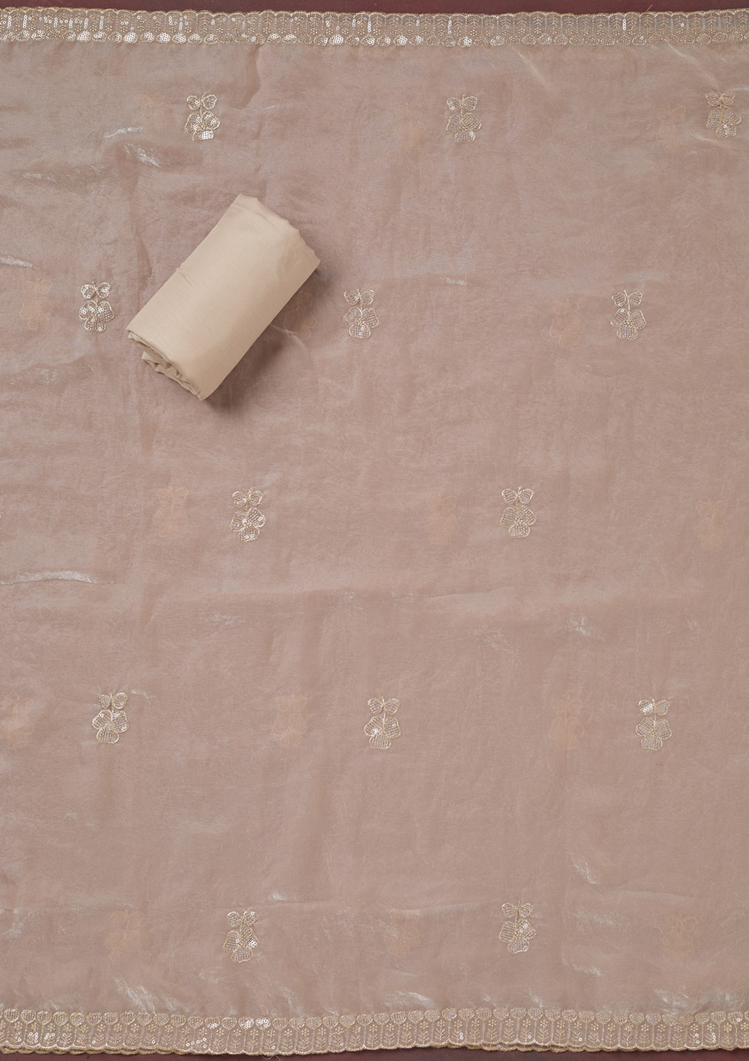Beige Sequins Semi Crepe Unstitched Salwar Suit