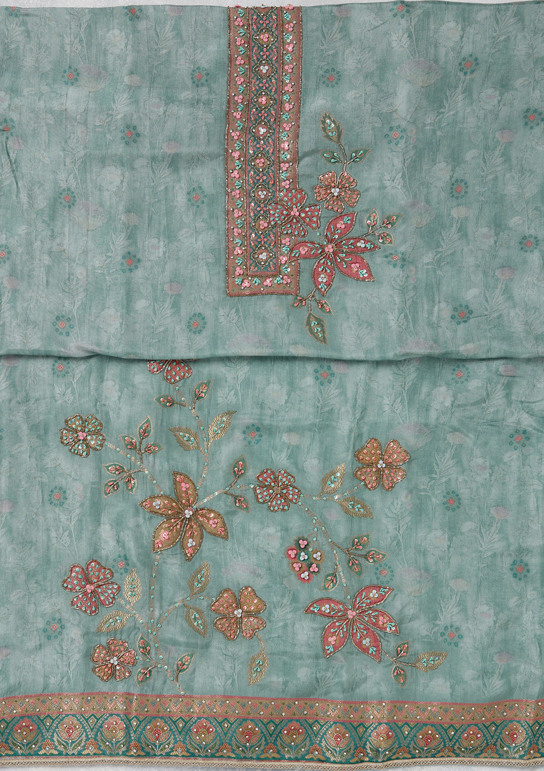 Sky Blue Zariwork (Gold) Organza Unstitched Salwar Suit