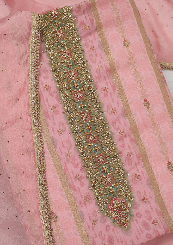 Baby Pink Zariwork (Gold) Organza Unstitched Salwar Suit
