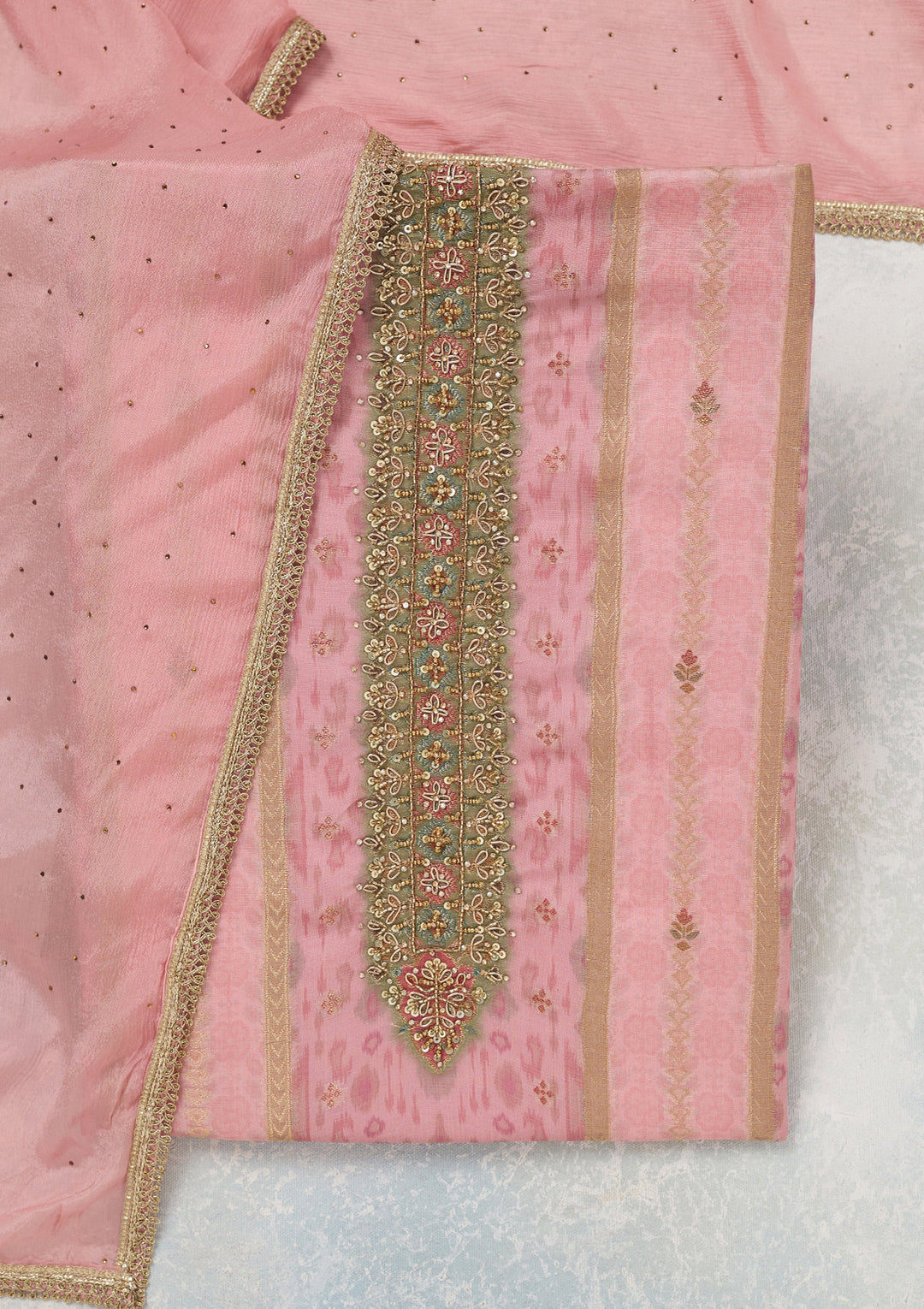 Baby Pink Zariwork (Gold) Organza Unstitched Salwar Suit