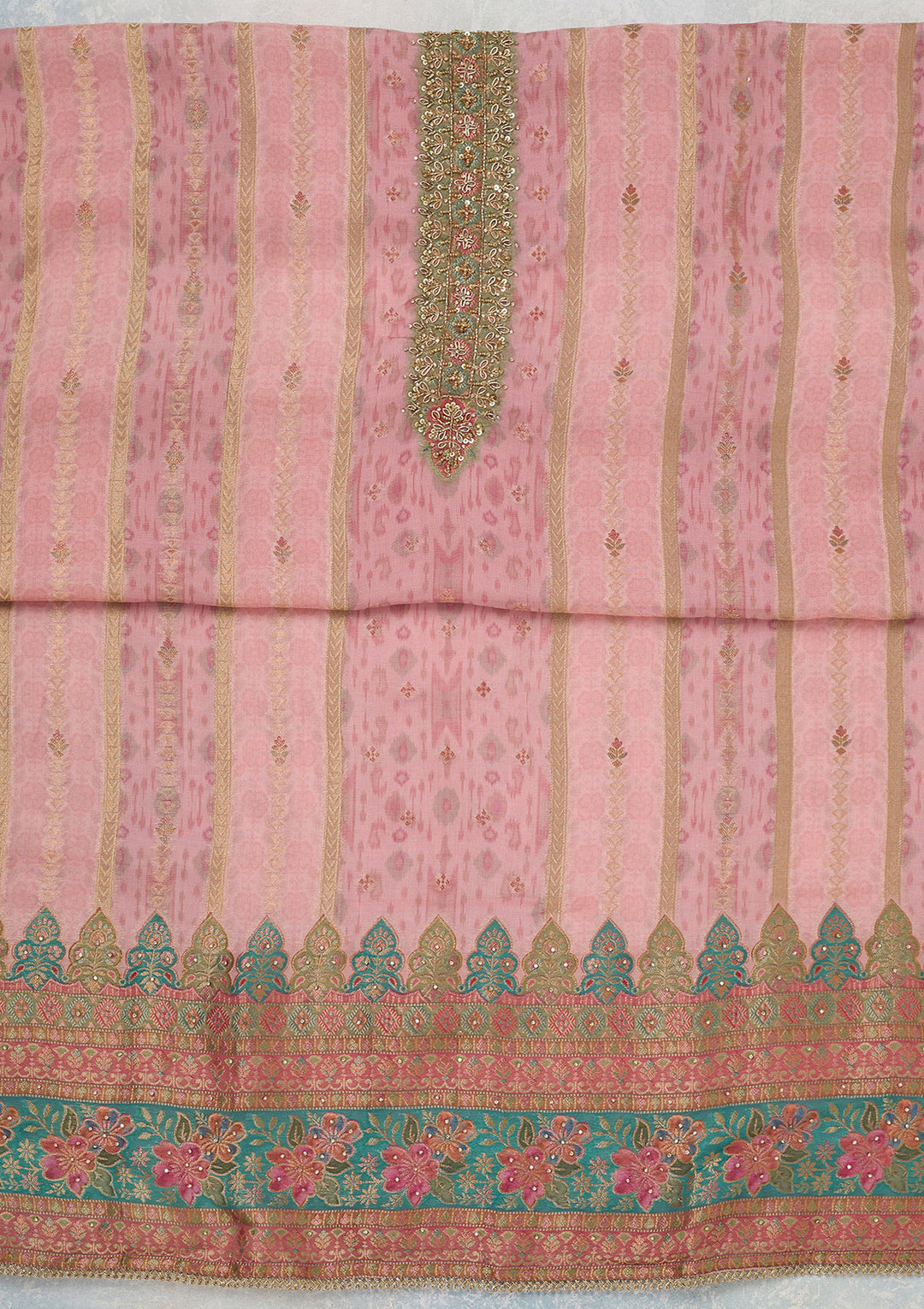Baby Pink Zariwork (Gold) Organza Unstitched Salwar Suit