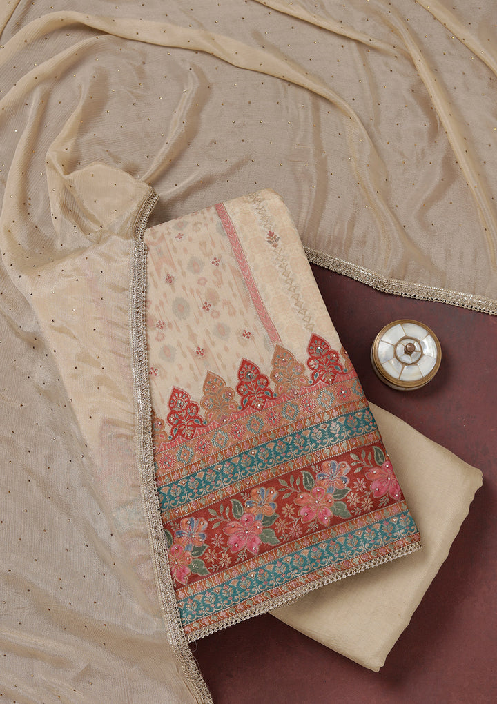 Beige Zariwork (Gold) Organza Unstitched Salwar Suit