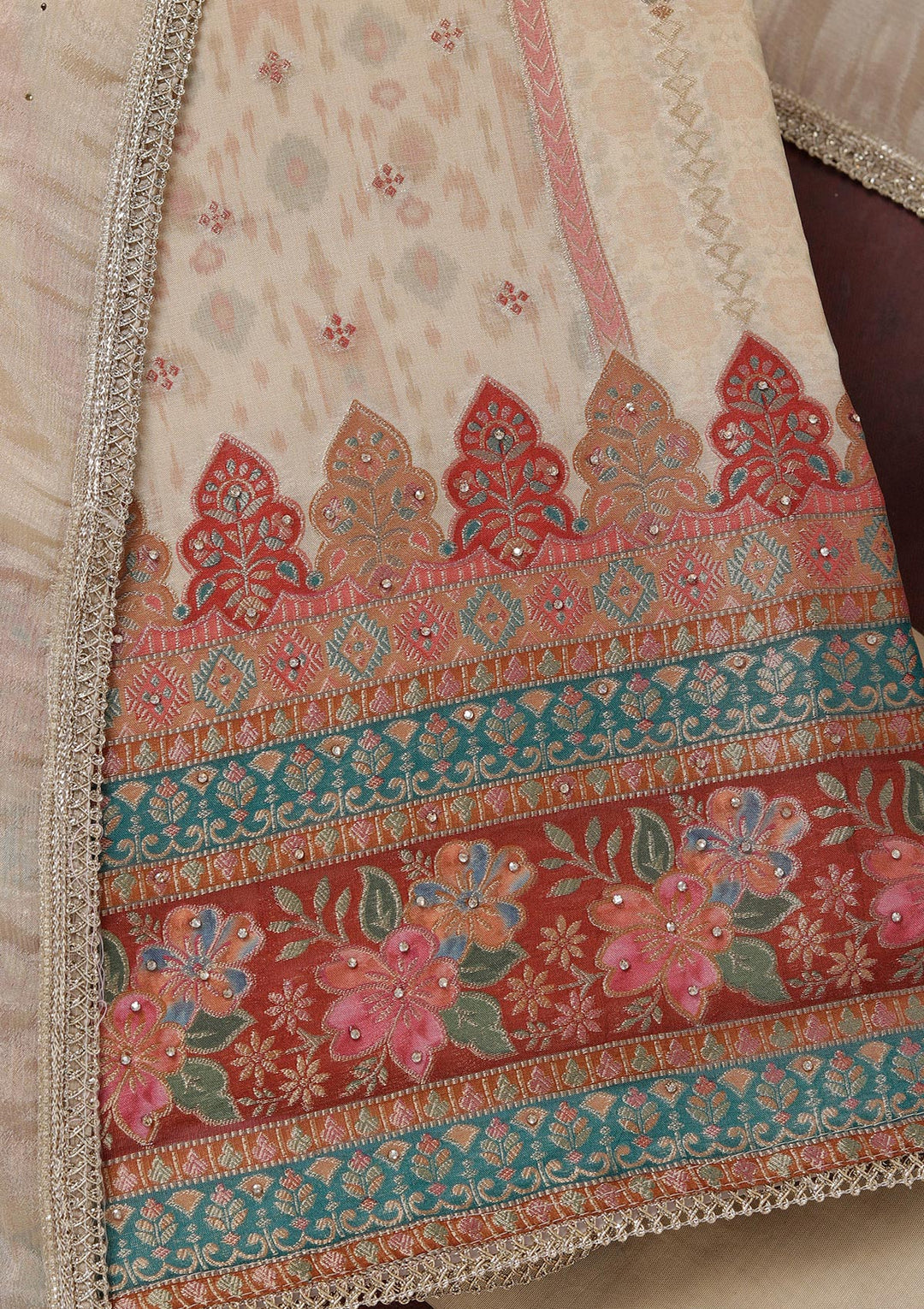 Beige Zariwork (Gold) Organza Unstitched Salwar Suit