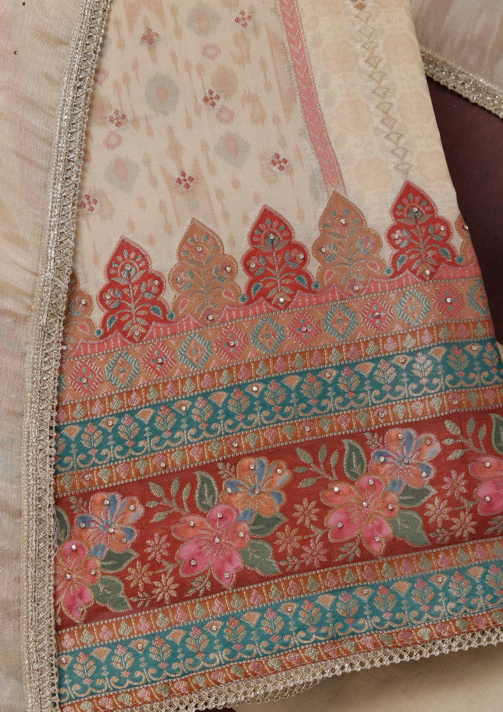 Beige Zariwork (Gold) Organza Unstitched Salwar Suit