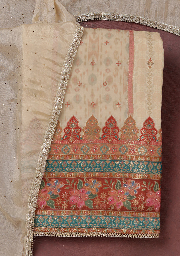 Beige Zariwork (Gold) Organza Unstitched Salwar Suit