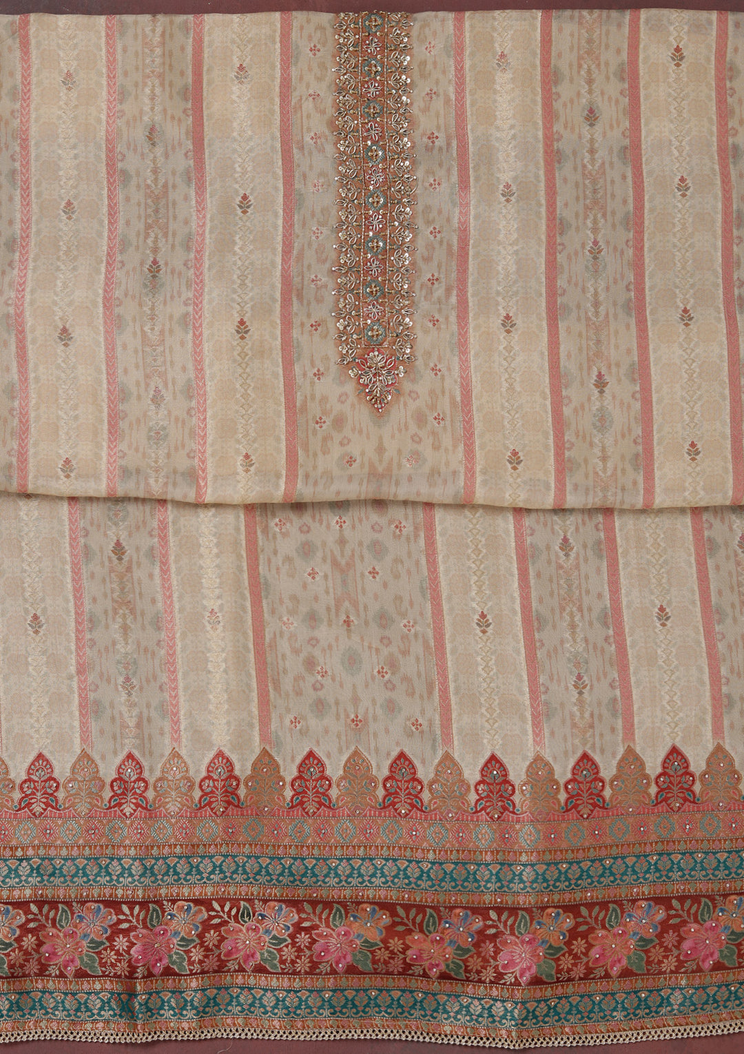 Beige Zariwork (Gold) Organza Unstitched Salwar Suit