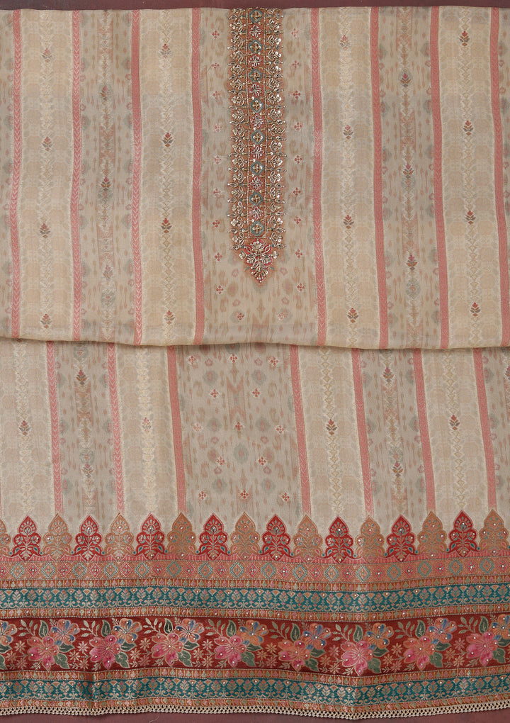 Beige Zariwork (Gold) Organza Unstitched Salwar Suit