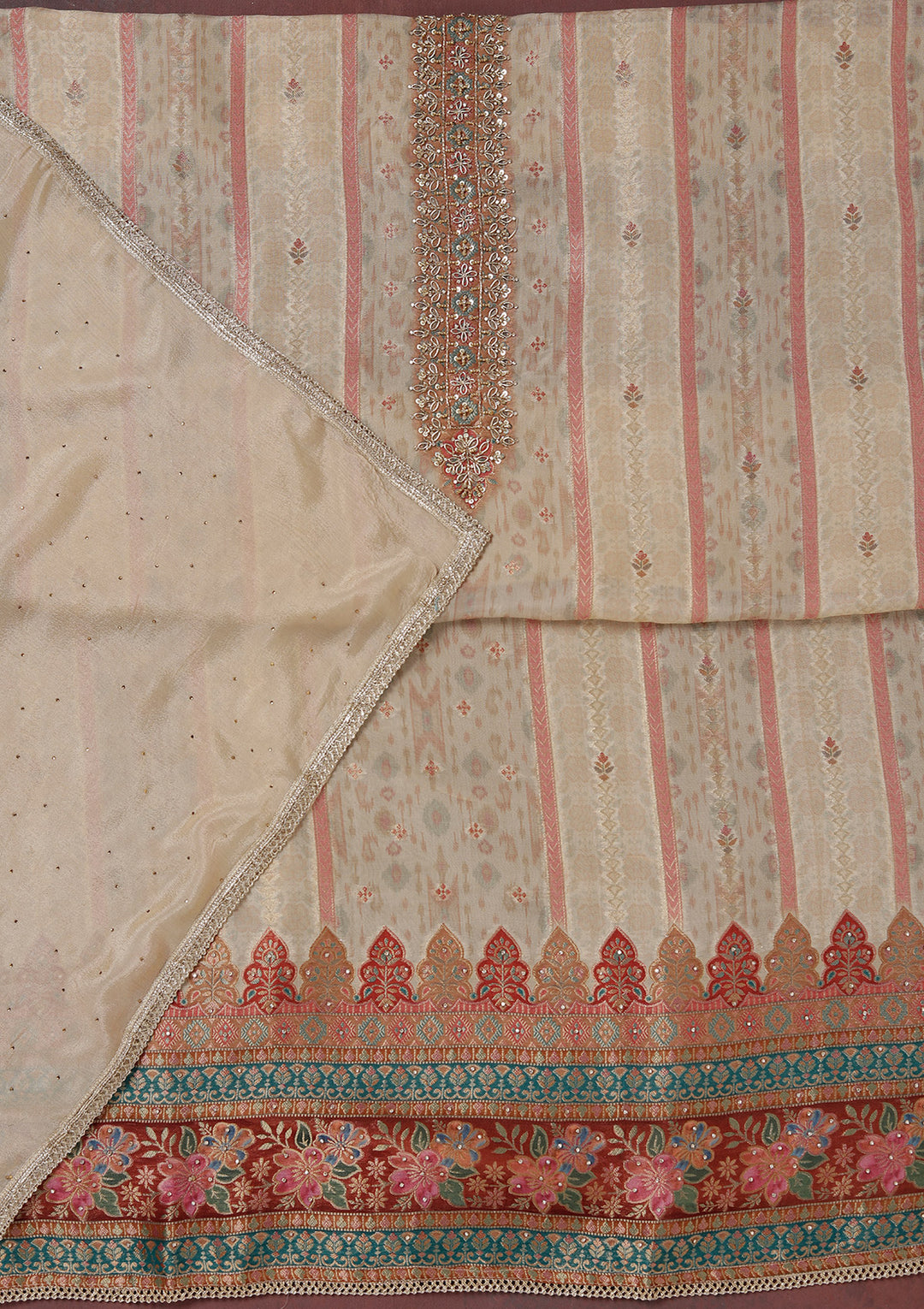 Beige Zariwork (Gold) Organza Unstitched Salwar Suit