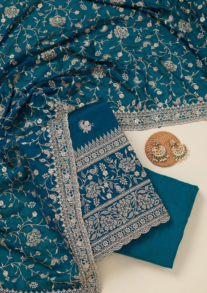 Peacock Blue Zariwork (Silver) Semi Crepe Unstitched Salwar Suit