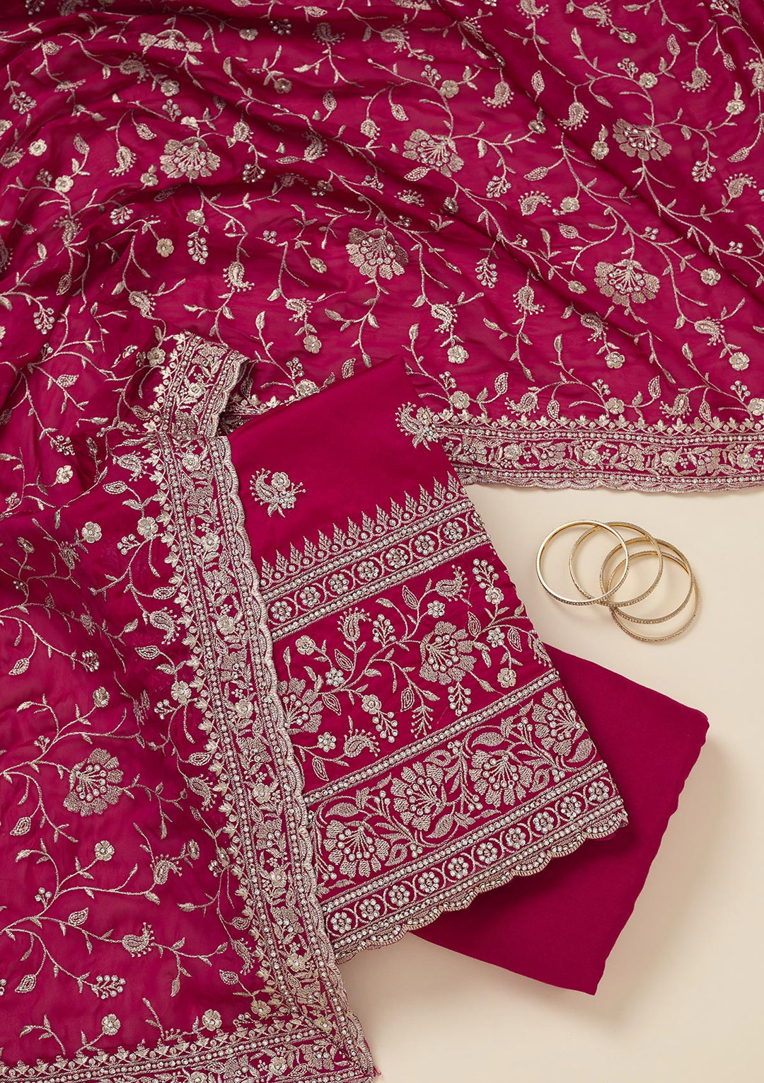 Rani Pink Zariwork (Silver) Semi Crepe Unstitched Salwar Suit
