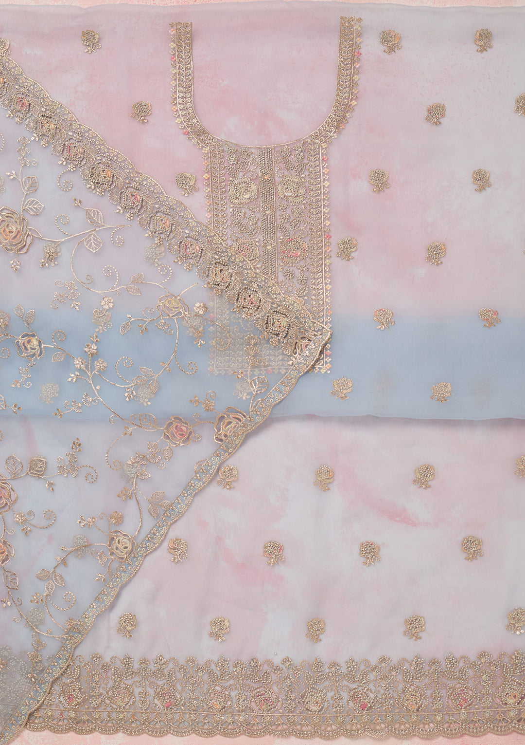 Sky Blue Zariwork (Gold) Organza Unstitched Salwar Suit