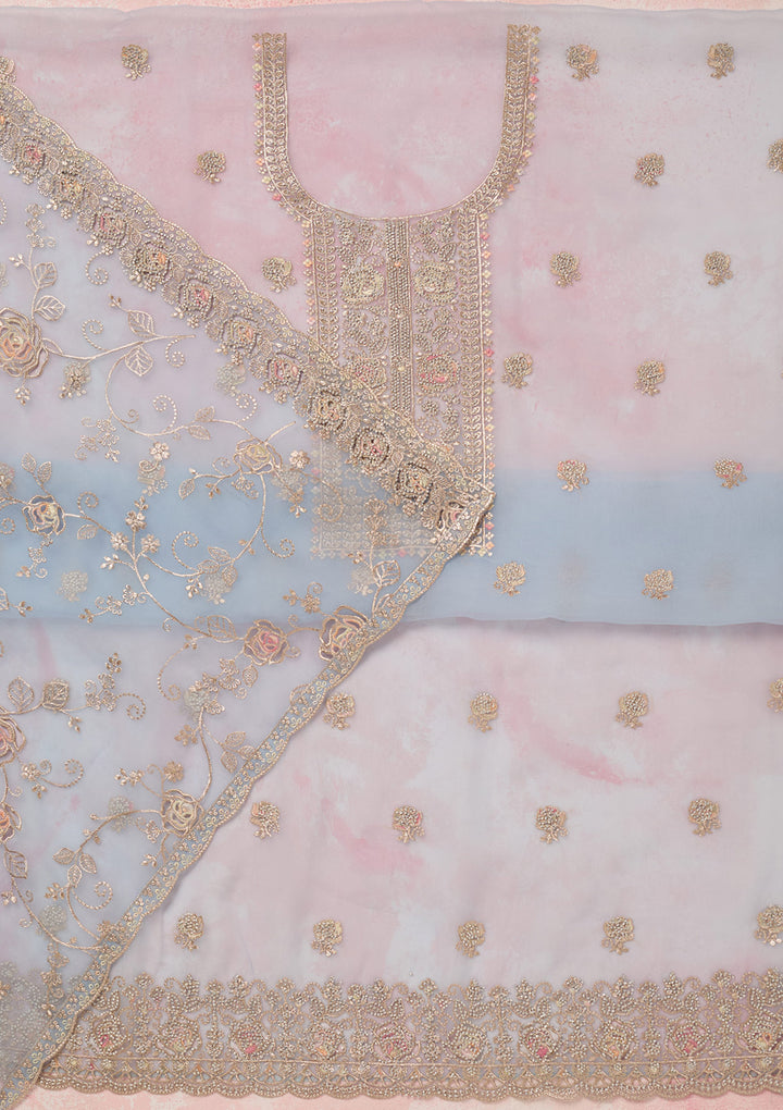 Sky Blue Zariwork (Gold) Organza Unstitched Salwar Suit