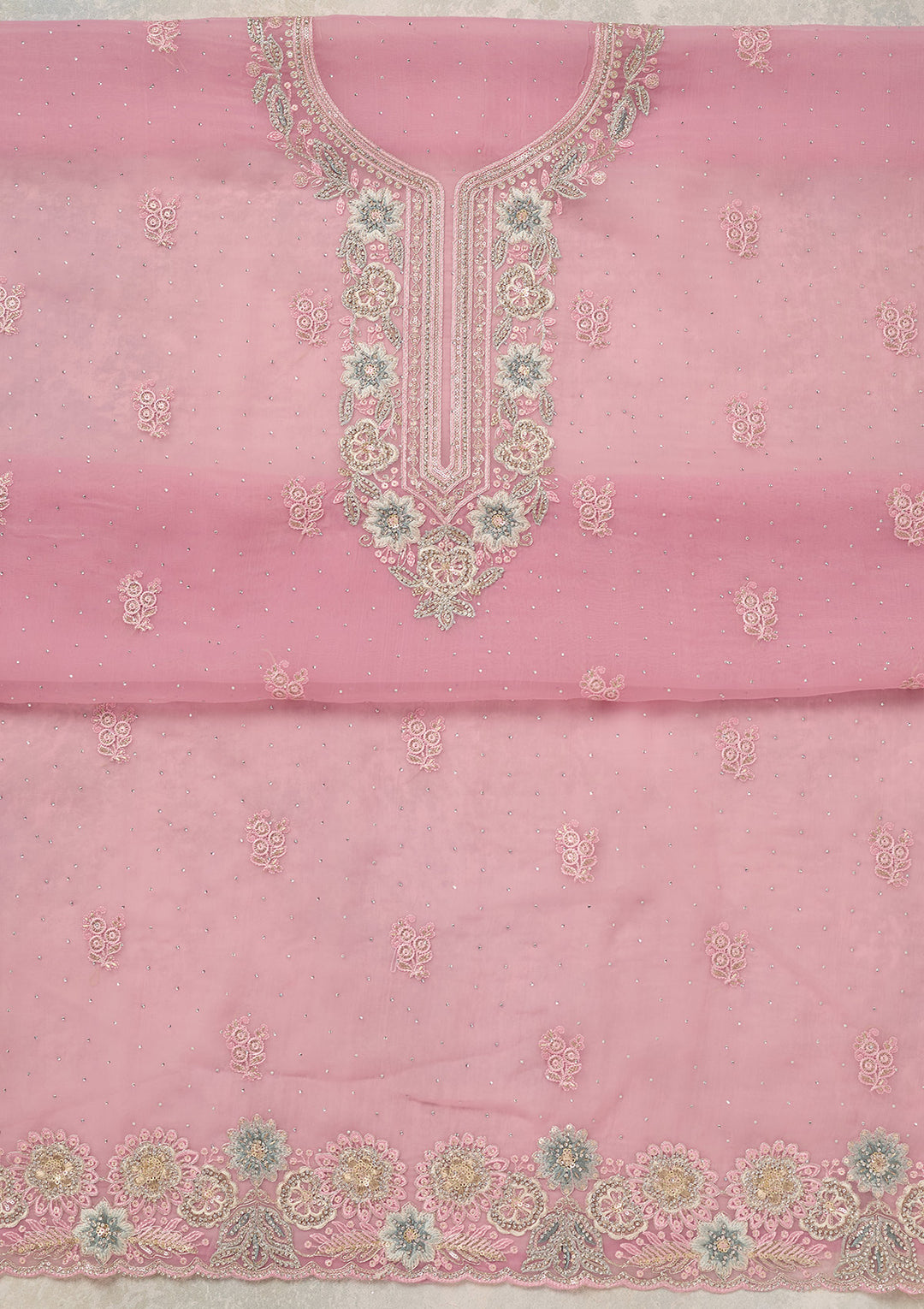 Baby Pink Zariwork (Silver) Organza Unstitched Salwar Suit