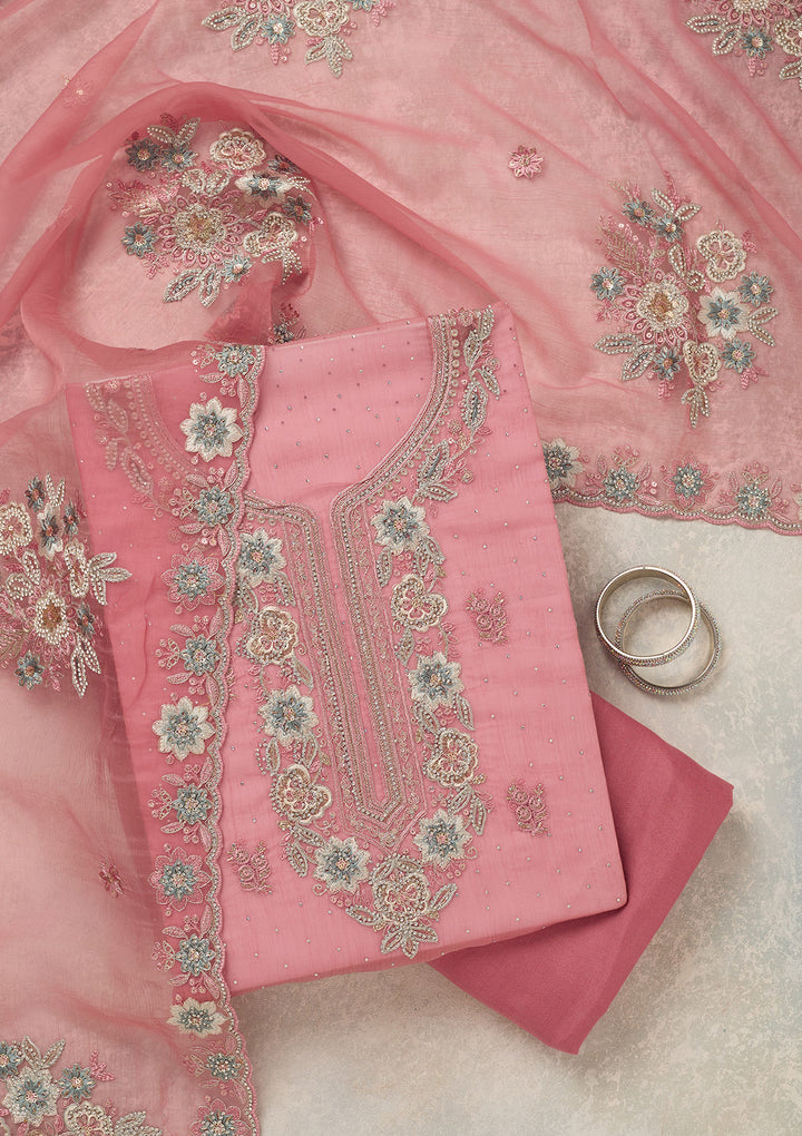 Onion Pink Zariwork (Silver) Organza Unstitched Salwar Suit