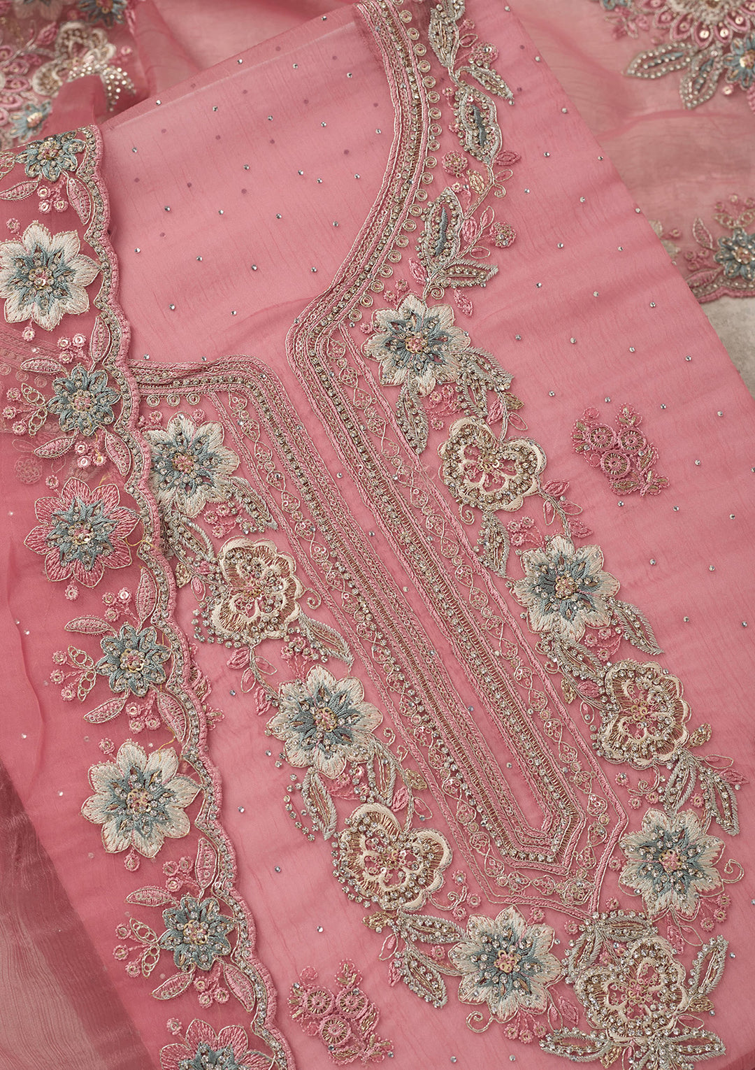 Onion Pink Zariwork (Silver) Organza Unstitched Salwar Suit