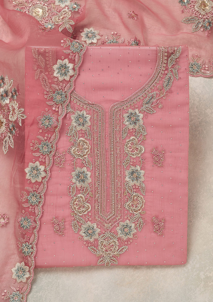 Onion Pink Zariwork (Silver) Organza Unstitched Salwar Suit