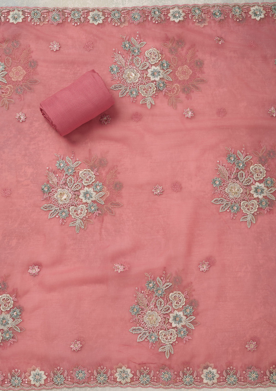 Onion Pink Zariwork (Silver) Organza Unstitched Salwar Suit