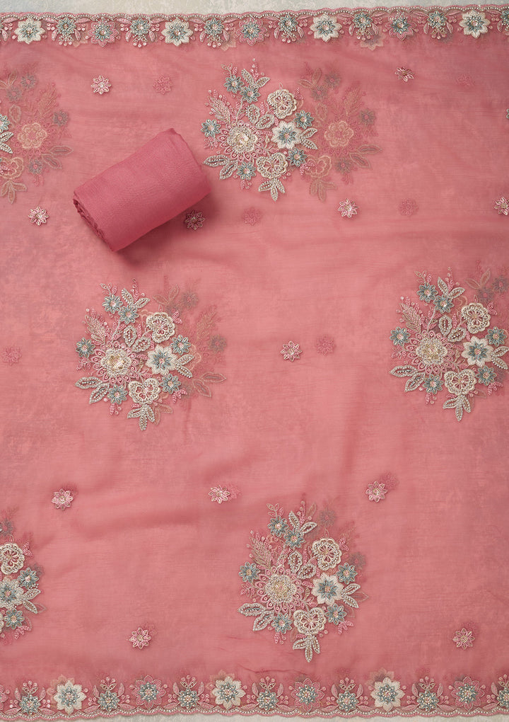 Onion Pink Zariwork (Silver) Organza Unstitched Salwar Suit