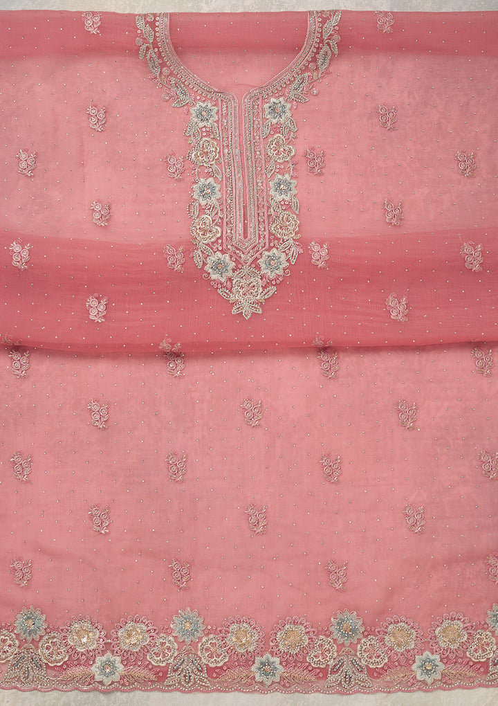 Onion Pink Zariwork (Silver) Organza Unstitched Salwar Suit