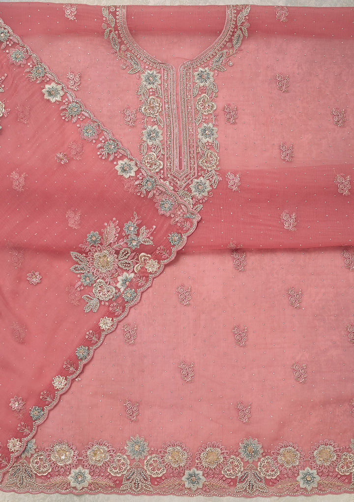 Onion Pink Zariwork (Silver) Organza Unstitched Salwar Suit