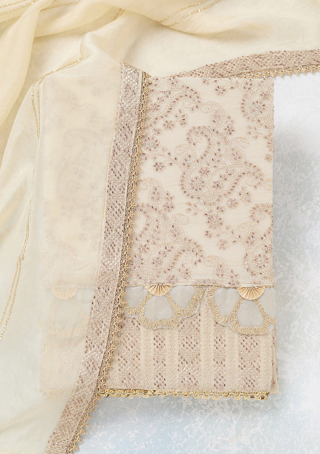 Cream Zariwork Tissue Unstitched Salwar Suit