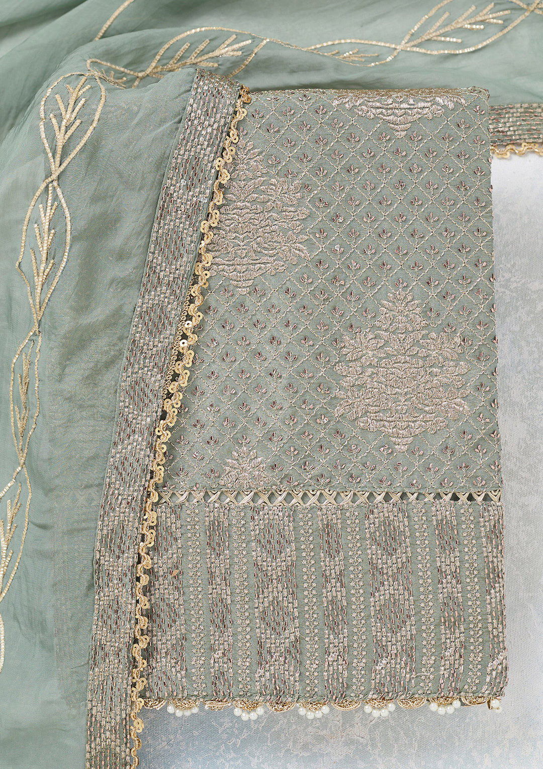 Green Zariwork Tissue Unstitched Salwar Suit