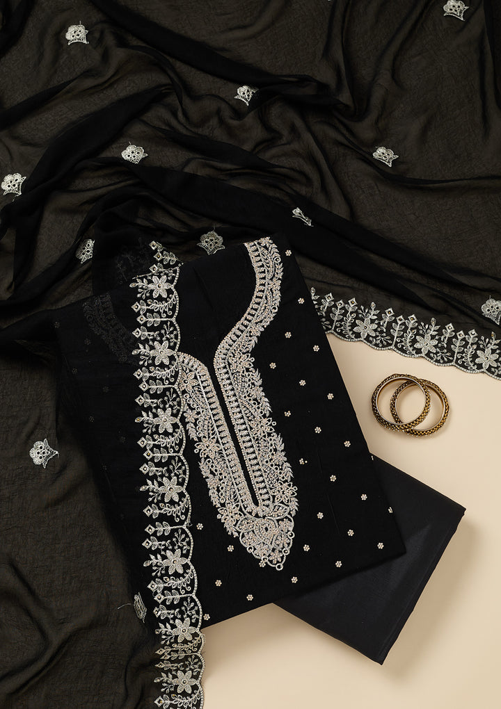 Black Zariwork (Gold) Soft Raw Silk Unstitched Salwar Suit