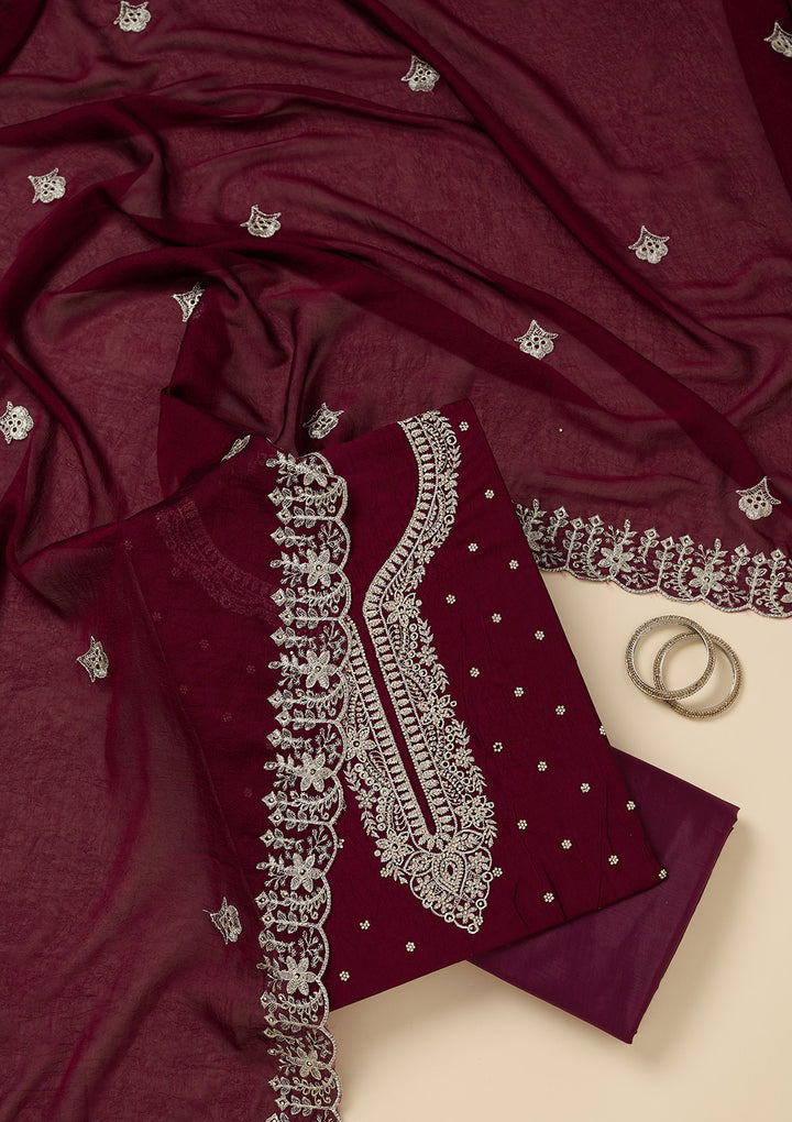 Maroon Zariwork (Gold) Soft Raw Silk Unstitched Salwar Suit
