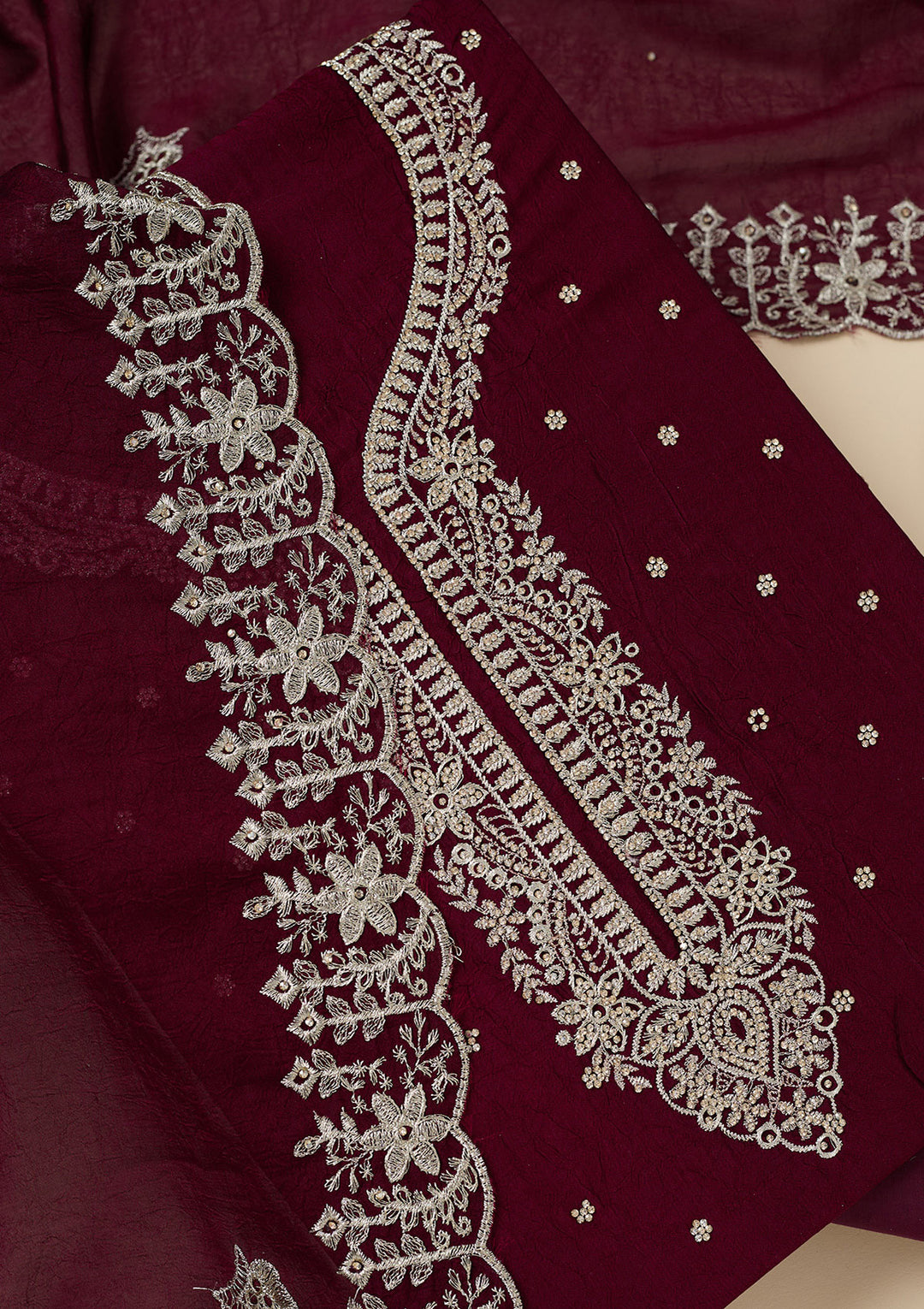 Maroon Zariwork (Gold) Soft Raw Silk Unstitched Salwar Suit