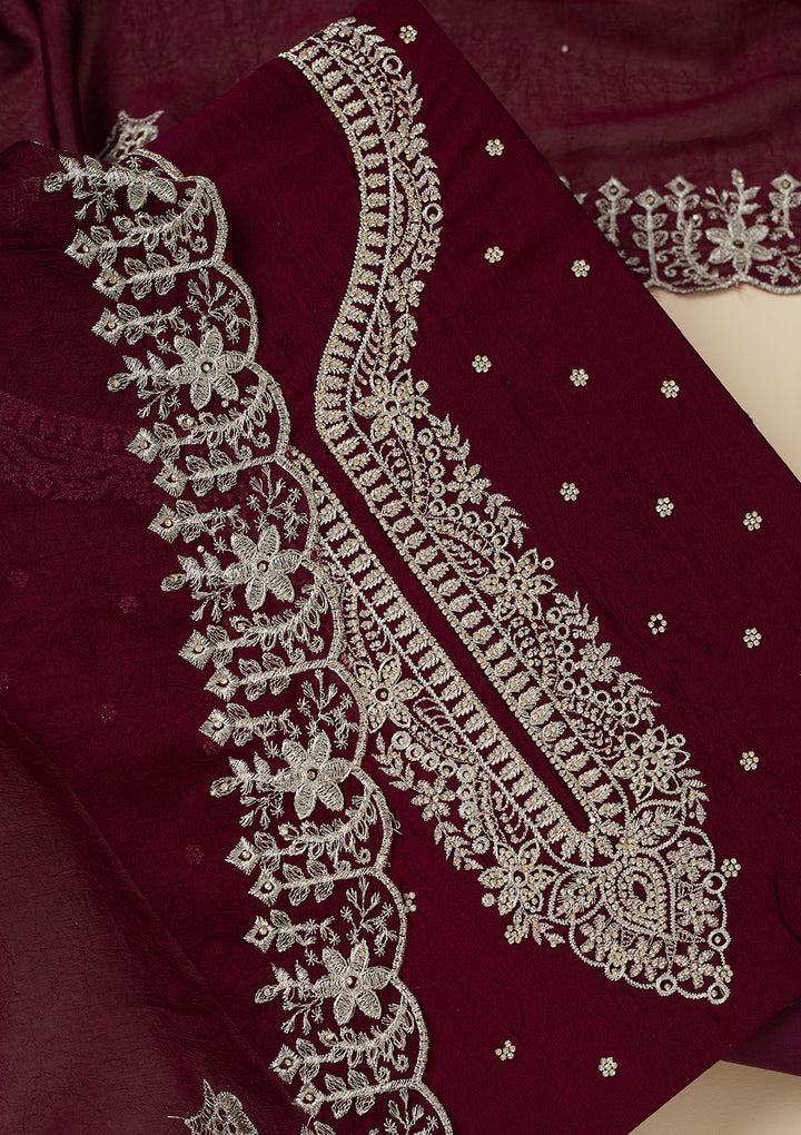 Maroon Zariwork (Gold) Soft Raw Silk Unstitched Salwar Suit