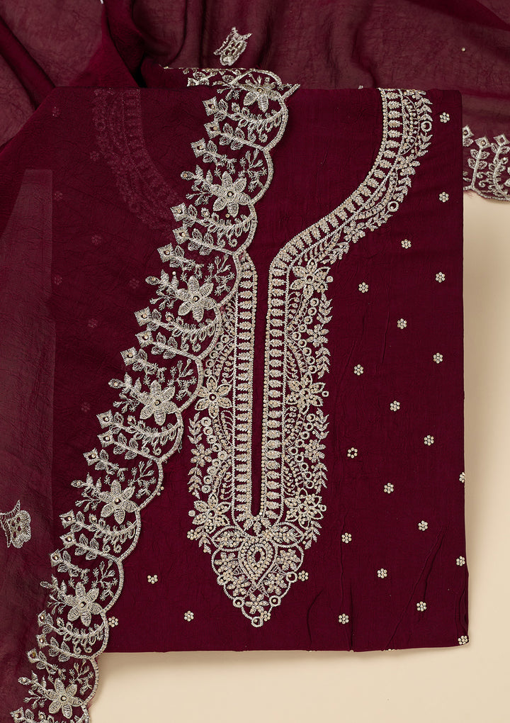 Maroon Zariwork (Gold) Soft Raw Silk Unstitched Salwar Suit