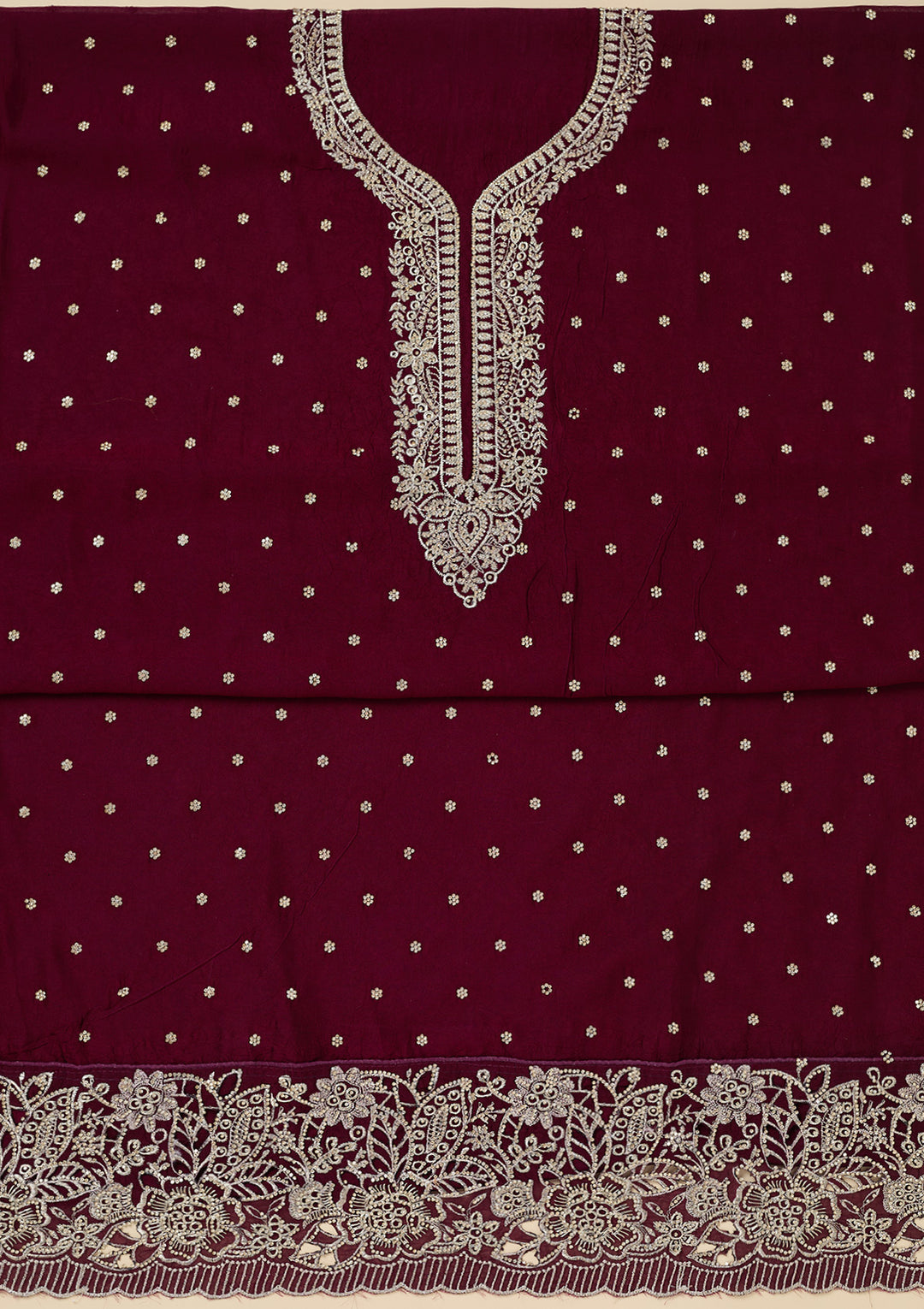 Maroon Zariwork (Gold) Soft Raw Silk Unstitched Salwar Suit