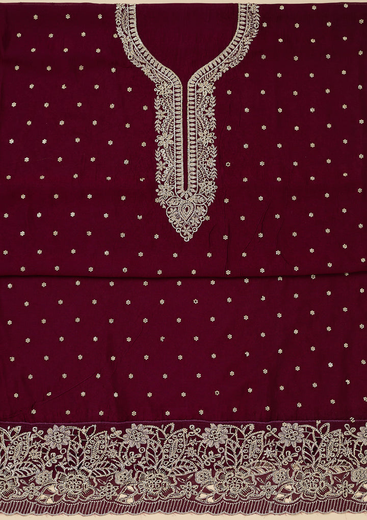 Maroon Zariwork (Gold) Soft Raw Silk Unstitched Salwar Suit