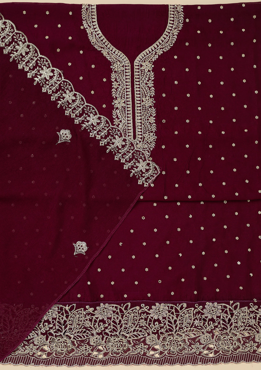 Maroon Zariwork (Gold) Soft Raw Silk Unstitched Salwar Suit