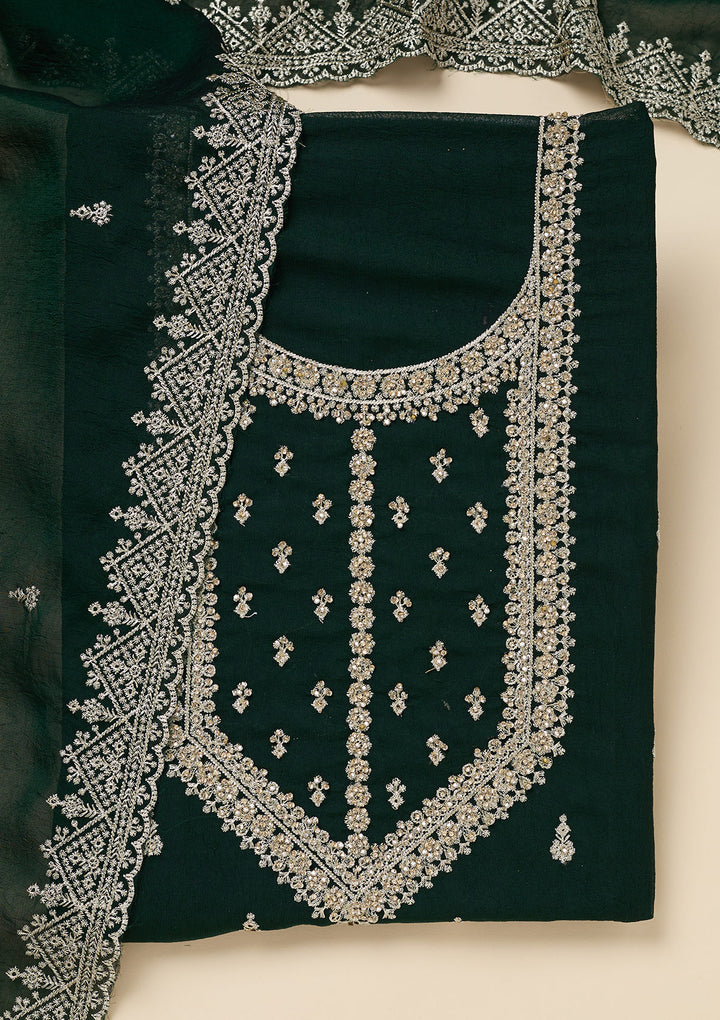 Bottle Green Zardozi (Gold) Soft Raw Silk Unstitched Salwar Suit
