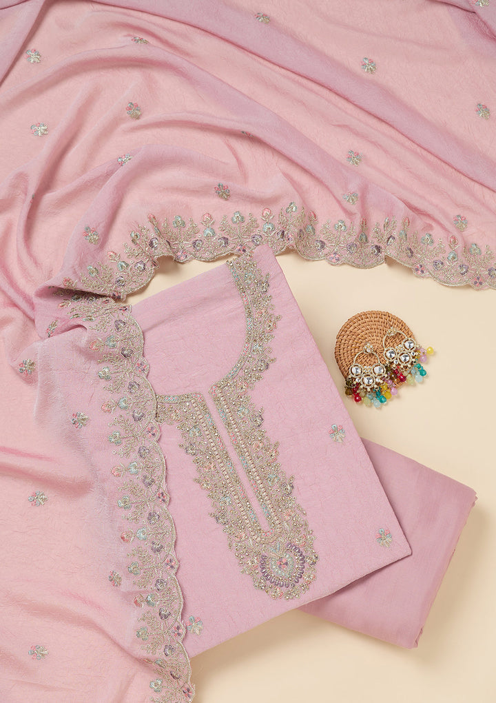 Pink Zariwork (Gold) Chinon Unstitched Salwar Suit